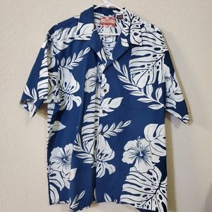 RJC Mens Hawaiian Shirt Size 2XL Blue White Hibiscus Tropical made in Hawaii